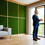 Biophilic Design & Natural Materials**
    A professional interior designer in a modest, elegant business suit, stands contemplatively in a spacious, sunlit modern living room. The room features extensive biophilic design elements, including a vibrant living green wall and large, healthy potted plants that enhance well-being. The flooring is crafted from sustainable bamboo, and a focal wall incorporates subtle cork panels, reflecting a commitment to natural materials. Ample natural light floods the space through large windows, reducing the need for artificial illumination. The overall ambiance is calm and inviting, showcasing healthy, resource-efficient design. perfect anatomy, correct proportions, natural pose, well-formed hands, proper finger count. Professional interior photography, high quality, safe for work, appropriate content, fully clothed, family-friendly.

2.  **Prompt for