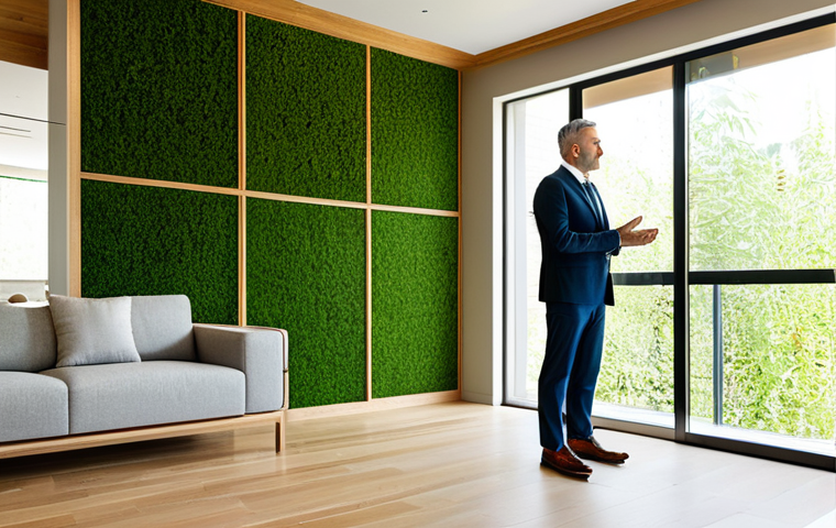 Biophilic Design & Natural Materials**
    A professional interior designer in a modest, elegant business suit, stands contemplatively in a spacious, sunlit modern living room. The room features extensive biophilic design elements, including a vibrant living green wall and large, healthy potted plants that enhance well-being. The flooring is crafted from sustainable bamboo, and a focal wall incorporates subtle cork panels, reflecting a commitment to natural materials. Ample natural light floods the space through large windows, reducing the need for artificial illumination. The overall ambiance is calm and inviting, showcasing healthy, resource-efficient design. perfect anatomy, correct proportions, natural pose, well-formed hands, proper finger count. Professional interior photography, high quality, safe for work, appropriate content, fully clothed, family-friendly.

2.  **Prompt for