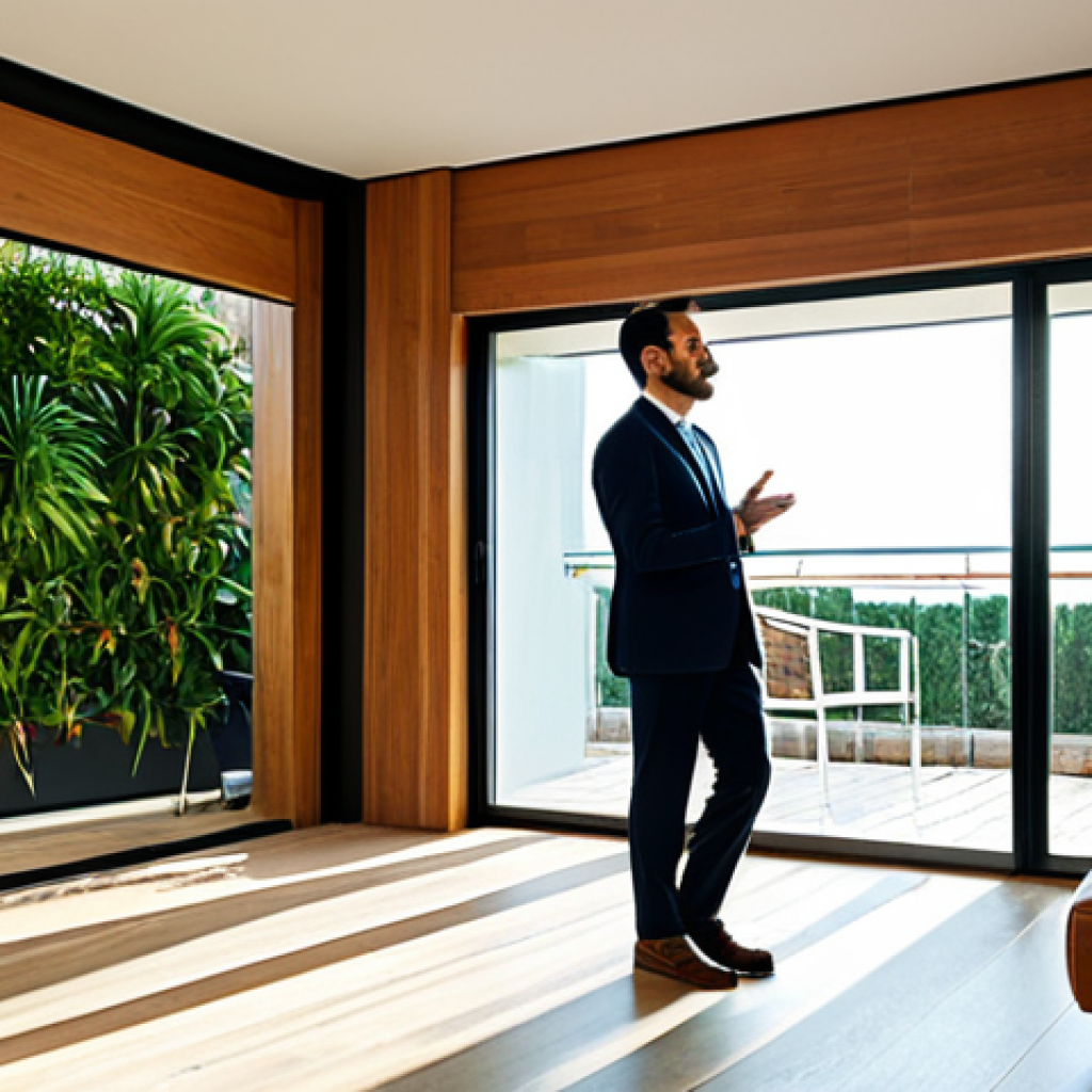 A professional architect, fully clothed in a modest business suit, stands contemplatively in a brightly lit, modern living room in a Lisbon-style apartment. Large panoramic windows offer a view of a lush, vibrant private patio with a well-maintained vertical garden. Abundant natural light floods the space, highlighting various indoor tropical plants and natural wood accents, creating a serene and inviting atmosphere. safe for work, appropriate content, fully clothed, family-friendly, perfect anatomy, correct proportions, natural pose, well-formed hands, proper finger count, natural body proportions, professional photography, high quality.