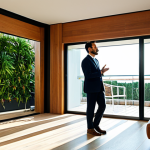 A professional architect, fully clothed in a modest business suit, stands contemplatively in a brightly lit, modern living room in a Lisbon-style apartment. Large panoramic windows offer a view of a lush, vibrant private patio with a well-maintained vertical garden. Abundant natural light floods the space, highlighting various indoor tropical plants and natural wood accents, creating a serene and inviting atmosphere. safe for work, appropriate content, fully clothed, family-friendly, perfect anatomy, correct proportions, natural pose, well-formed hands, proper finger count, natural body proportions, professional photography, high quality.