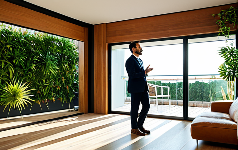 A professional architect, fully clothed in a modest business suit, stands contemplatively in a brightly lit, modern living room in a Lisbon-style apartment. Large panoramic windows offer a view of a lush, vibrant private patio with a well-maintained vertical garden. Abundant natural light floods the space, highlighting various indoor tropical plants and natural wood accents, creating a serene and inviting atmosphere. safe for work, appropriate content, fully clothed, family-friendly, perfect anatomy, correct proportions, natural pose, well-formed hands, proper finger count, natural body proportions, professional photography, high quality.