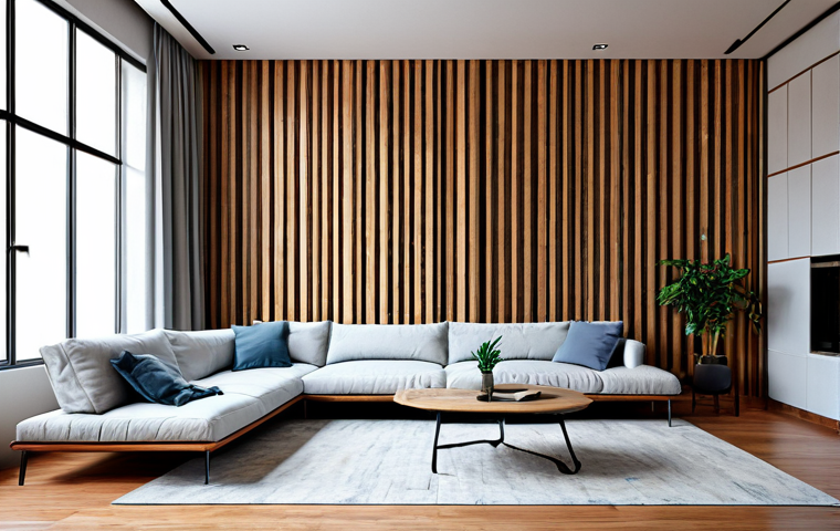 **

"A modern living room design showcasing innovative use of materials from ABC da Construção, fully clothed, safe for work, appropriate content, professional photography, bright natural light, featuring a unique wooden wall texture and comfortable, stylish furniture, perfect anatomy, natural proportions, high-quality rendering."

**