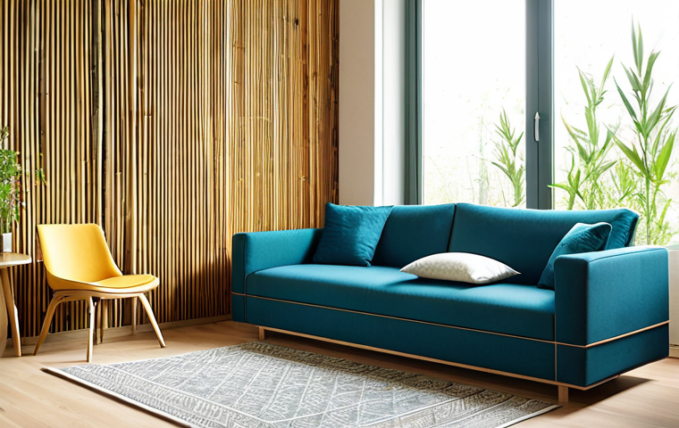 **
A bright, modern living room showcasing sustainable design. Natural light floods the space, highlighting bamboo wall paneling and eco-friendly furniture. A comfortable, fully clothed person relaxes on a sofa. The scene emphasizes clean lines, ergonomic design, and a sense of calm. Safe for work, appropriate content, fully clothed, professional, natural proportions, perfect anatomy, well-formed hands, modest decor, high quality rendering.
**