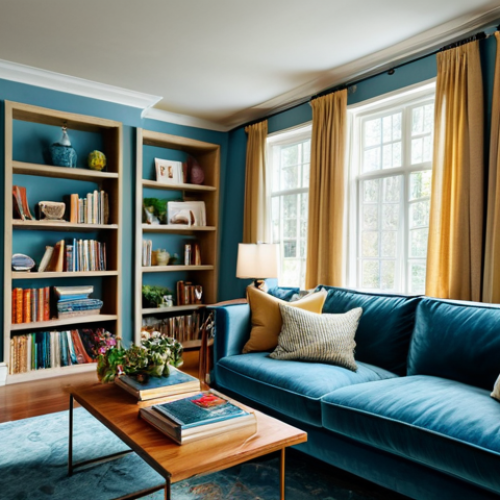 Home 12 Cozy Living Room**
"A comfortable and inviting living room. Soft blue walls, a plush velvet sofa, and a warm wool rug create a relaxing atmosphere. Natural light streams through sheer curtains. Personal touches include family photos and a vase of flowers. Organized shelving displays books and decorative objects. Focus on textures and a harmonious color palette. Sustainable materials preferred. Photo-realistic, high detail."
**