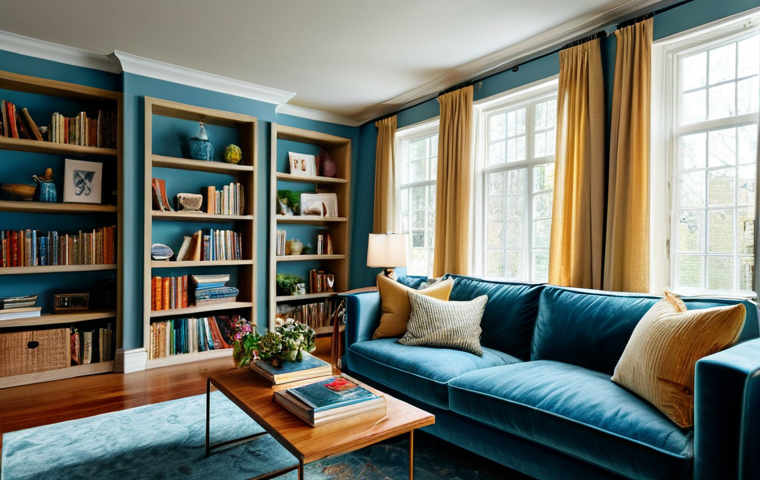 Cozy Living Room**
"A comfortable and inviting living room. Soft blue walls, a plush velvet sofa, and a warm wool rug create a relaxing atmosphere. Natural light streams through sheer curtains. Personal touches include family photos and a vase of flowers. Organized shelving displays books and decorative objects. Focus on textures and a harmonious color palette. Sustainable materials preferred. Photo-realistic, high detail."
**