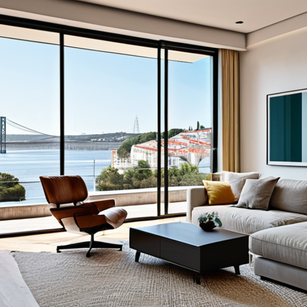 **Prompt:** A modern Lisbon apartment interior, showcasing a living room with sustainable materials and natural light.  Scandinavian-style furniture, a view of the Tagus River, perfect anatomy, correct proportions, natural pose, professional photography, high quality, safe for work, appropriate content, fully clothed, family-friendly.