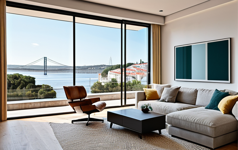 **Prompt:** A modern Lisbon apartment interior, showcasing a living room with sustainable materials and natural light.  Scandinavian-style furniture, a view of the Tagus River, perfect anatomy, correct proportions, natural pose, professional photography, high quality, safe for work, appropriate content, fully clothed, family-friendly.