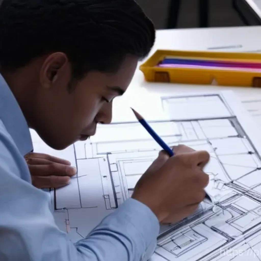 실내건축기사 실기에서 합격률 높이는 팁 - **Prompt:** A focused young architect, wearing a clean, professional button-up shirt, is meticulousl...