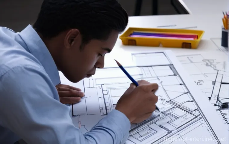 실내건축기사 실기에서 합격률 높이는 팁 - **Prompt:** A focused young architect, wearing a clean, professional button-up shirt, is meticulousl...