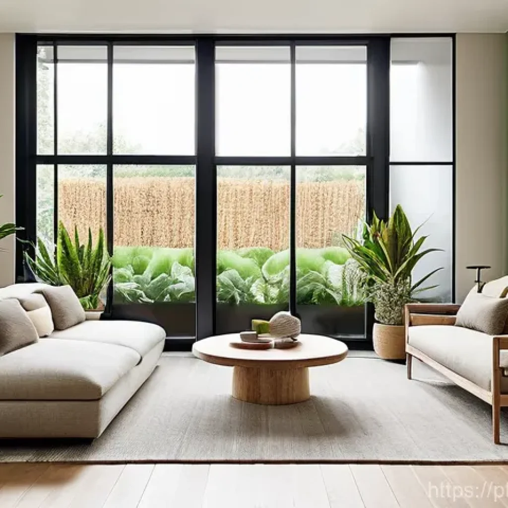 실내건축 실기 시험 준비를 위한 체크포인트 - **Prompt 1: Biofilic and Sustainable Living Room**
A bright, inviting living room designed with ...