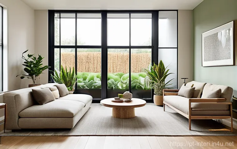 실내건축 실기 시험 준비를 위한 체크포인트 - **Prompt 1: Biofilic and Sustainable Living Room**
A bright, inviting living room designed with ...