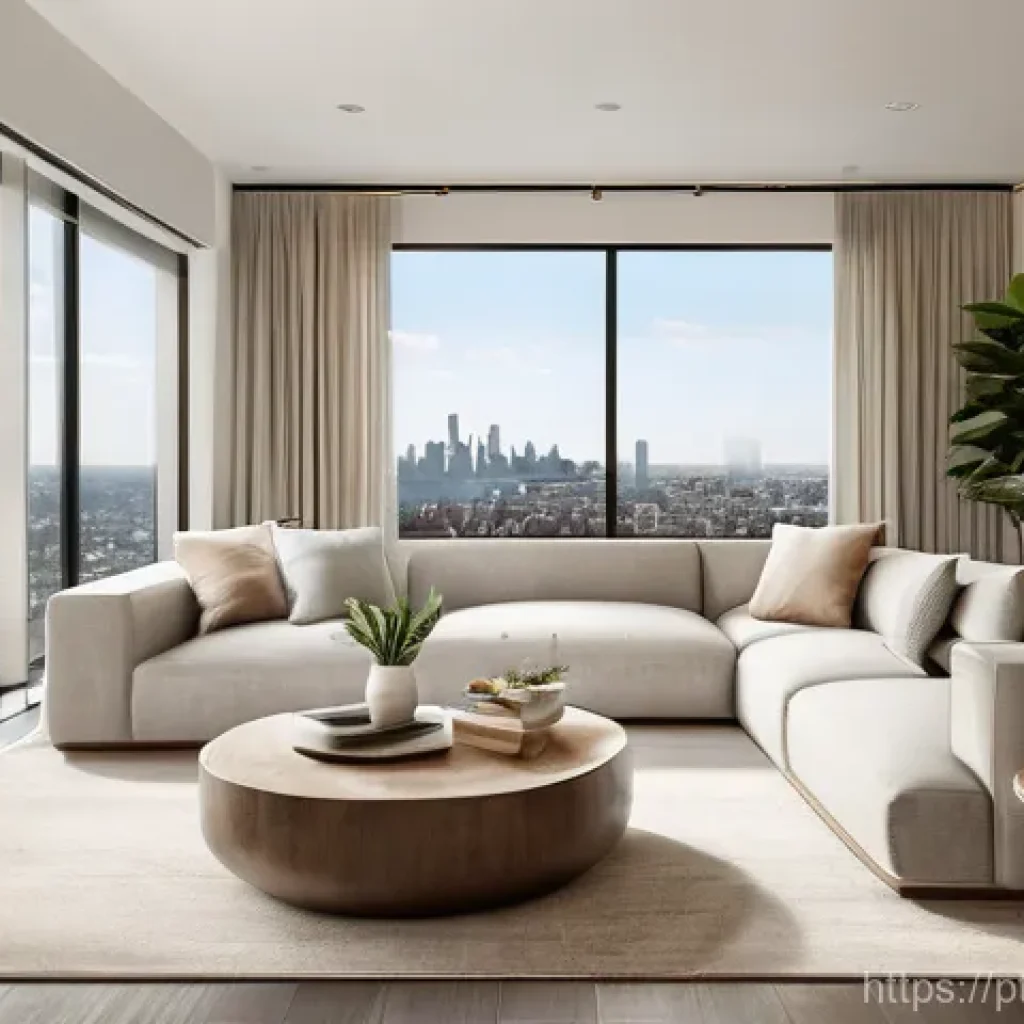 실내건축 실기 시험에서 평가 기준 이해 - **Urban Refuge Living Room: Serene Escape**
An interior design visualization of a contemporary l...