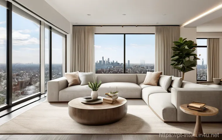 실내건축 실기 시험에서 평가 기준 이해 - **Urban Refuge Living Room: Serene Escape**
    An interior design visualization of a contemporary l...