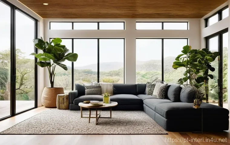 실내건축 실습에서 조명 디자인 다루기 - **Prompt 1: Serene Living Room with Biofilic Natural Lighting**
"A spacious, modern living room ...