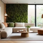 실내건축기사 자격증 취득 후 해외 사례 - **Prompt:** A serene and brightly lit living room designed with strong biophilic elements and cozy m...