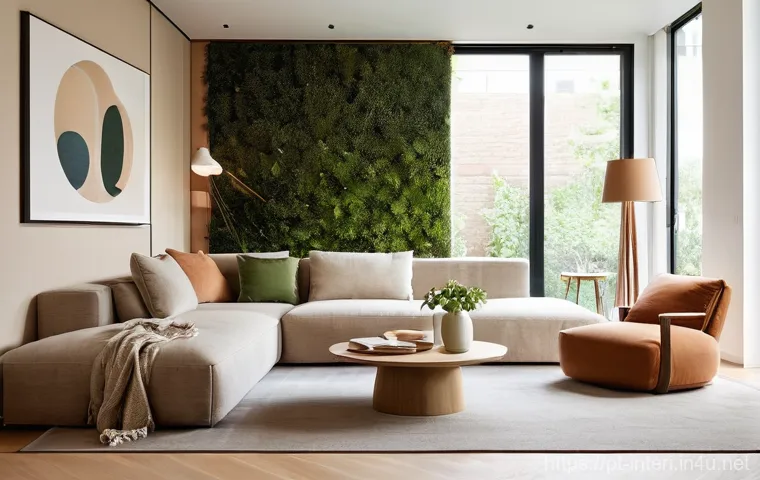 실내건축기사 자격증 취득 후 해외 사례 - **Prompt:** A serene and brightly lit living room designed with strong biophilic elements and cozy m...