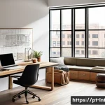 실내건축기사 필기 과목별 공부법 - A detailed architectural workspace scene featuring a designer's desk with hand-drawn floor plans, el...