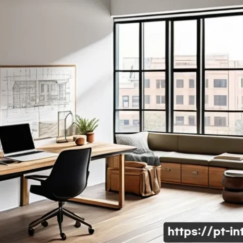 실내건축기사 필기 과목별 공부법 - A detailed architectural workspace scene featuring a designer's desk with hand-drawn floor plans, el...