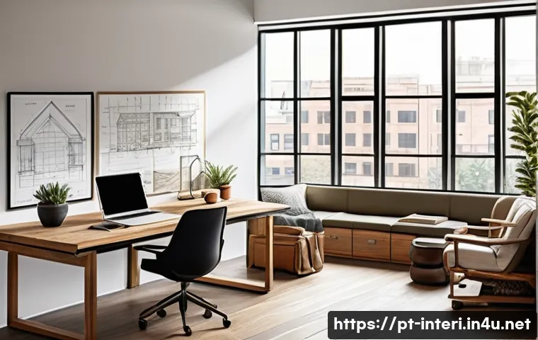 실내건축기사 필기 과목별 공부법 - A detailed architectural workspace scene featuring a designer's desk with hand-drawn floor plans, el...
