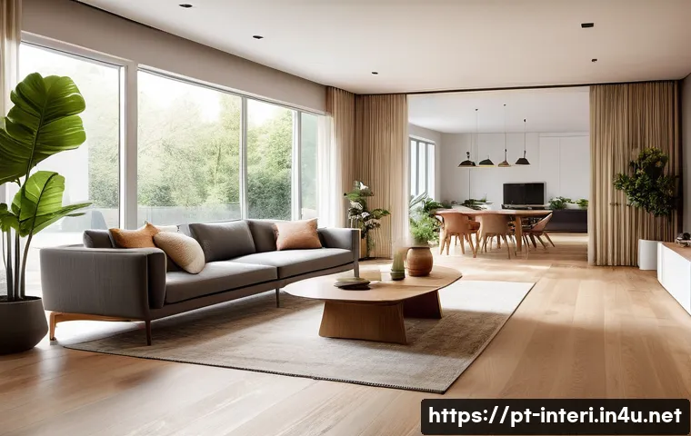 실내건축 실기에서 자주 나오는 오류 - A modern, spacious living room designed with perfect circulation flow; wide open pathways between st...