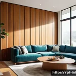 실내건축 기술의 최신 트렌드 - A modern living room interior featuring smart materials: walls coated with thermochromic paint that ...