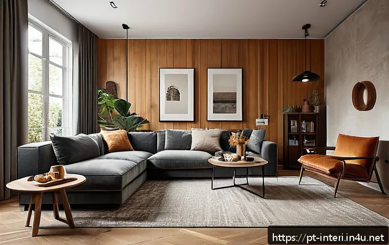 실내건축 실습에서 강조해야 하는 중요한 점들 - A modern, cozy living room designed with a focus on functionality and aesthetics, featuring sustaina...