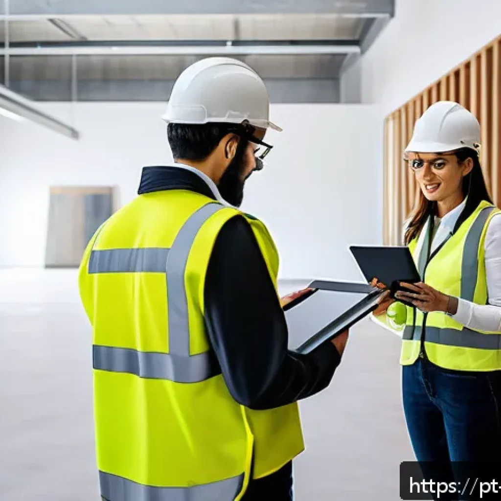 실내건축 시공에서의 품질 관리 - A modern interior design project site under detailed quality control, featuring a diverse team of ar...