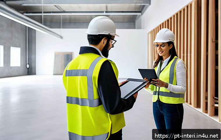 실내건축 시공에서의 품질 관리 - A modern interior design project site under detailed quality control, featuring a diverse team of ar...