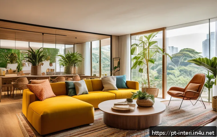 실내건축 이직 시 고려해야 할 사항 - A modern interior design consultation scene set in a stylish, sunlit Brazilian apartment. The image ...