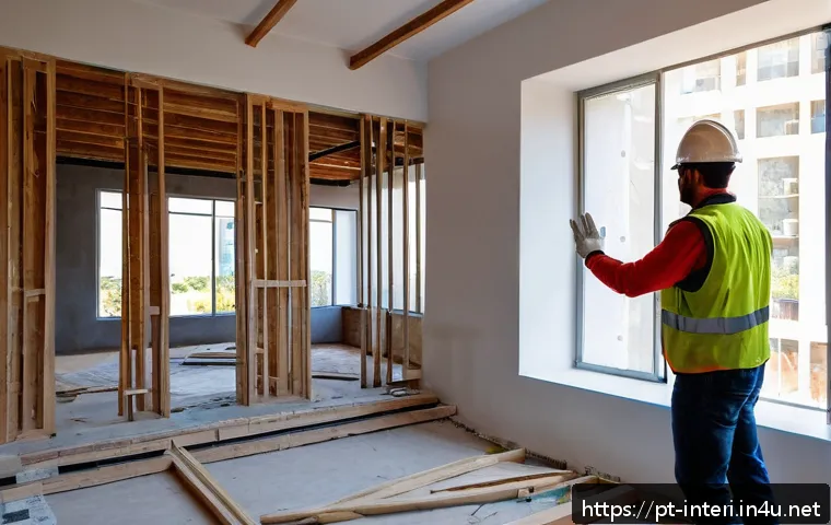실내건축 현장 경험의 중요성 - A young interior architect on-site at a modern Brazilian apartment under renovation, wearing casual ...