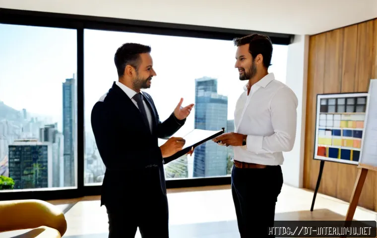 실내건축 이직 성공 전략 - Photorealistic interior architect in a bright contemporary São Paulo design studio, confidently pres...