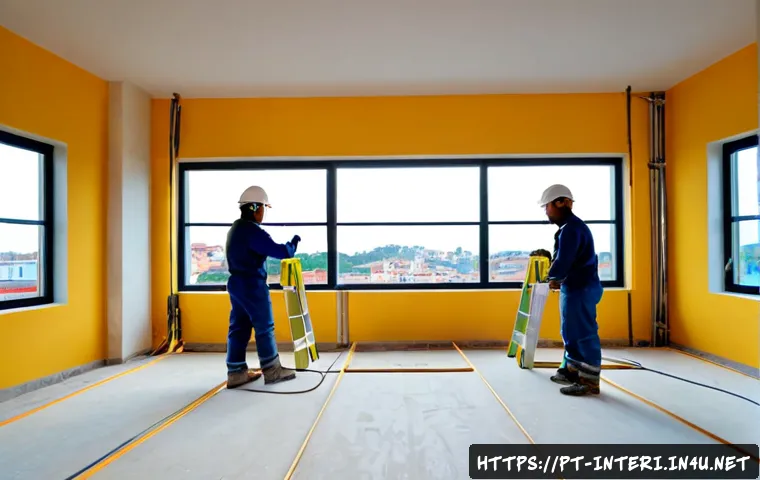 Home 17 실내건축 시공 과정 이해하기 - Photorealistic interior construction site in a modern Portuguese apartment, skilled workers wearing ...